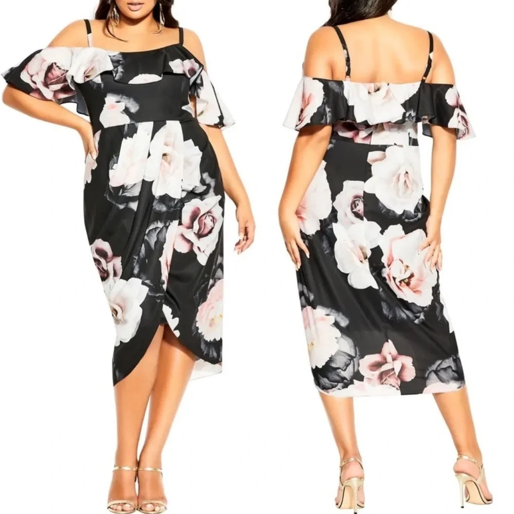 New City Chic Austin Floral Plus Size Cold Shoulder Dress Size XS 14 Ruffle